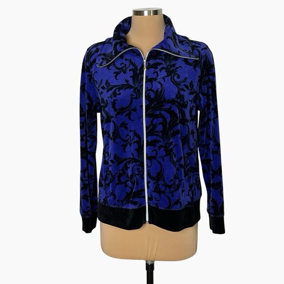 Onque Casual Sweater Jacket Womens Medium Black Purple Velour Full Zip Soft - Picture 1 of 9